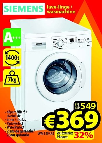 Promoties Siemens lave-linge - wasmachine wm14e364 - Siemens - Geldig van 28/09/2015 tot 31/10/2015 bij ElectroStock
