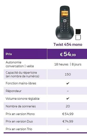 Promotions Huismerk-proximus twist 454 mono - Huismerk - Proximus - Valide de 01/10/2015 à 31/10/2015 chez Proximus