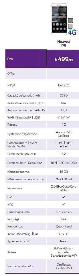 Promotions Huawei p8 - Huawei - Valide de 01/10/2015 à 31/10/2015 chez Proximus