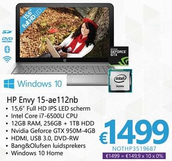 Promoties Notebooks hp envy 15-ae112nb - HP - Geldig van 19/10/2015 tot 30/11/2015 bij Compudeals