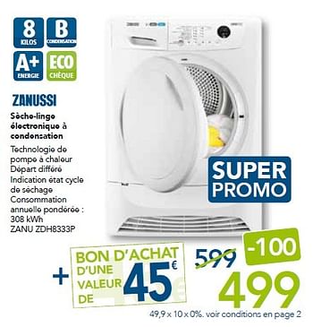 Promotions Zanussi sèche-linge électronique à condensation zdh8333p - Zanussi - Valide de 02/11/2015 à 18/11/2015 chez Kitchenmarket