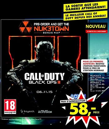 Promotions Xbox one call of duty black ops lll - Activision - Valide de 31/10/2015 à 15/11/2015 chez Bart Smit