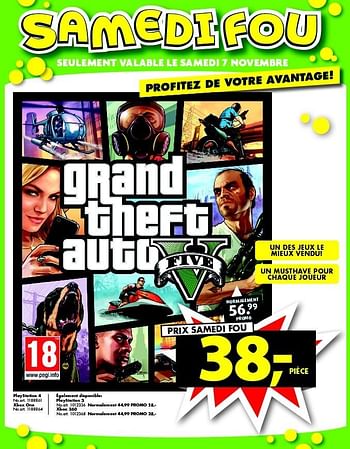 Promotions Xbox one grand theft auto v five - Rockstar Games - Valide de 31/10/2015 à 15/11/2015 chez Bart Smit