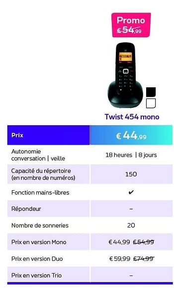 Promotions Twist 454 mono - Huismerk - Proximus - Valide de 01/11/2015 à 30/11/2015 chez Proximus