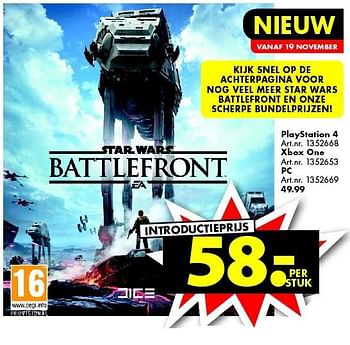 Promoties Playstation 4 star wars battlefront - Electronic Arts - Geldig van 14/11/2015 tot 29/11/2015 bij Bart Smit