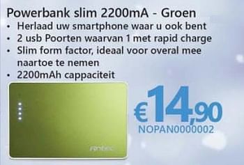 Promoties Powerbank slim 2200ma groen - Antec - Geldig van 30/11/2015 tot 09/01/2016 bij Compudeals