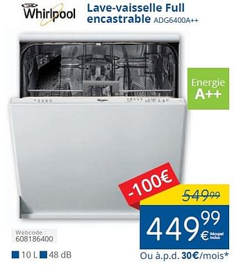 Promotions Whirlpool lave-vaisselle full encastrable adg6400a++ - Whirlpool - Valide de 01/12/2015 à 13/12/2015 chez Eldi