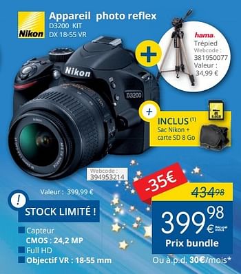 Promotions Nikon appareil photo reflex d3200 kit dx 18-55 vr - Nikon - Valide de 14/12/2015 à 31/12/2015 chez Eldi