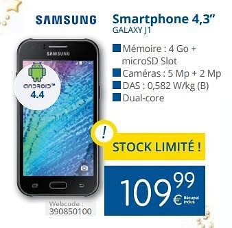 Promotions Samsung smartphone 4,3`` galaxy j1 - Samsung - Valide de 14/12/2015 à 31/12/2015 chez Eldi