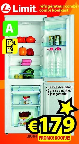Promoties Limit réfrigérateur combi - combi koelkast lidd161 - Limit - Geldig van 01/01/2016 tot 31/01/2016 bij ElectroStock