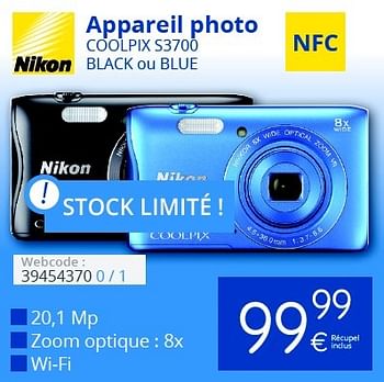 Promoties Nikon appareil photo coolpix s3700 black ou blue - Nikon - Geldig van 11/01/2016 tot 31/01/2016 bij Eldi