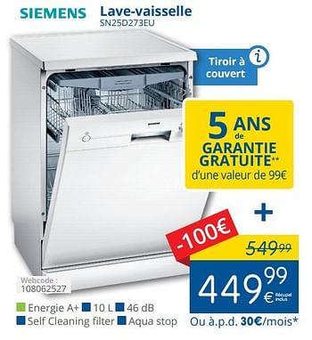 Promoties Siemens lave-vaisselle sn25d273eu - Siemens - Geldig van 01/02/2016 tot 29/02/2016 bij Eldi