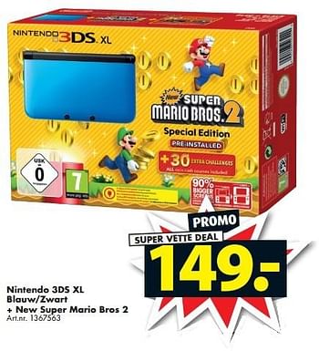 Promoties Nintendo 3ds xl blauw-zwart + new super mario bros 2 - Nintendo - Geldig van 06/02/2016 tot 21/02/2016 bij Bart Smit