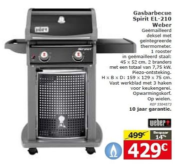 Promoties Gasbarbecue spirit el-210 weber - Weber - Geldig van 22/03/2016 tot 11/04/2016 bij BricoPlanit