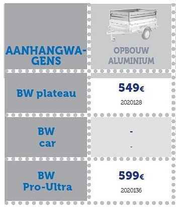 Promoties Bw plateau opbouw aluminium - BW Trailers - Geldig van 22/03/2016 tot 31/03/2017 bij Auto 5