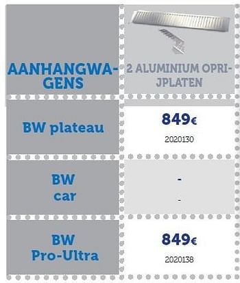 Promoties Bw plateau 2 aluminium oprijplaten - BW Trailers - Geldig van 22/03/2016 tot 31/03/2017 bij Auto 5