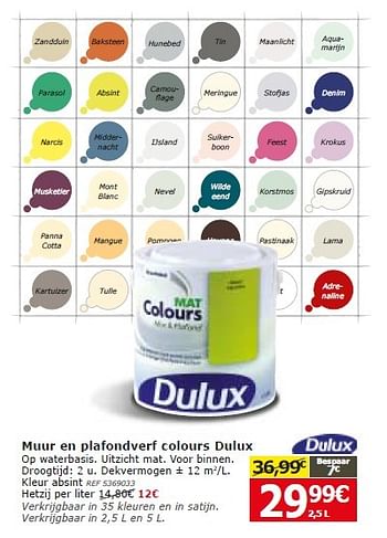 Promoties Muur en plafondverf colours dulux - Dulux - Geldig van 05/04/2016 tot 25/04/2016 bij BricoPlanit