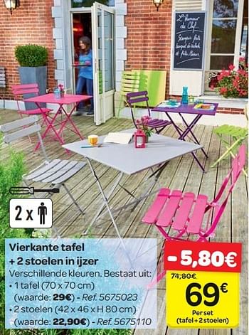Promoties Vierkante tafel + 2 stoelen in ijzer - Huismerk - Carrefour  - Geldig van 13/04/2016 tot 30/06/2016 bij Carrefour