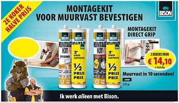 Promoties Montagekit direct grip muurvast in 10 seconden! - Bison - Geldig van 20/04/2016 tot 01/05/2016 bij Hubo
