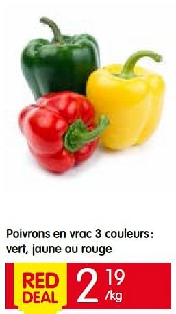 Promotions Poivrons en vrac 3 couleurs : vert, jaune ou rouge - Produit Maison - Red Market - Valide de 05/05/2016 à 11/05/2016 chez Red Market