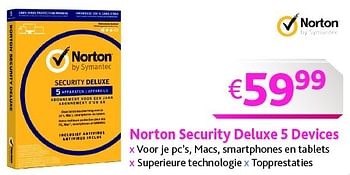 Promoties Norton security deluxe 5 devices - Symantec - Geldig van 01/05/2016 tot 31/05/2016 bij Connect IT