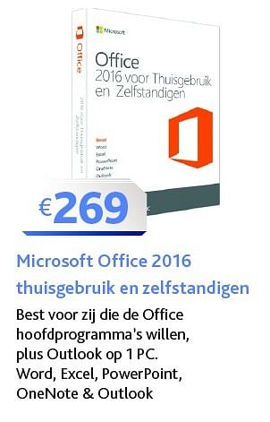 Promoties Microsoft office 2016 thuisgebruik en zelfstandigen - Microsoft - Geldig van 01/05/2016 tot 31/05/2016 bij Connect IT