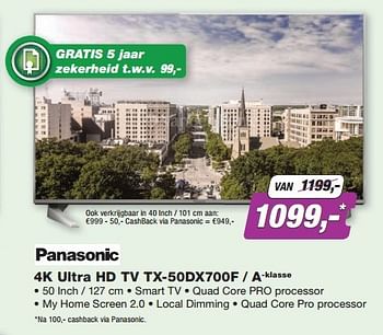 Promoties Panasonic 4k ultra hd tv tx-50dx700f - a-klasse - Panasonic - Geldig van 30/05/2016 tot 29/06/2016 bij ElectronicPartner