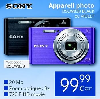 Promotions Sony appareil photo dscw830 black ou violet - Sony - Valide de 01/06/2016 à 30/06/2016 chez Eldi