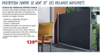 Promotions Écran de terrasse rétractable - Produit maison - Dema - Valide de 01/05/2016 à 31/12/2016 chez Dema