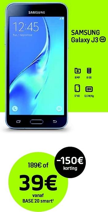 Promoties Samsung galaxy j3 - Samsung - Geldig van 01/07/2016 tot 31/07/2016 bij Base