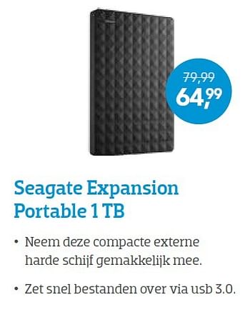 Promoties Seagate expansion portable 1 tb - Seagate - Geldig van 01/07/2016 tot 17/07/2016 bij Coolblue