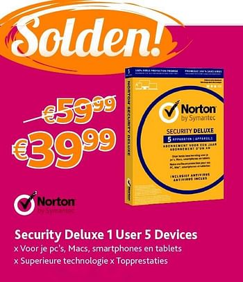 Promoties Security deluxe 1 user 5 devices - Norton - Geldig van 01/07/2016 tot 31/07/2016 bij Connect IT