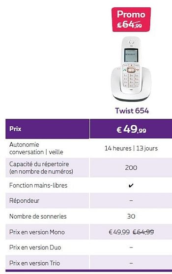 Promotions Twist 654 - Huismerk - Proximus - Valide de 01/07/2016 à 15/08/2016 chez Proximus