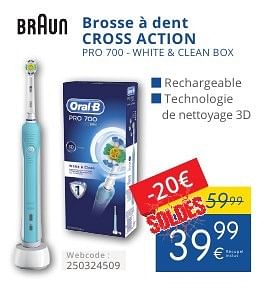 Promoties Braun brosse à dent cross action pro 700 - white + clean box - Braun - Geldig van 11/07/2016 tot 31/07/2016 bij Eldi