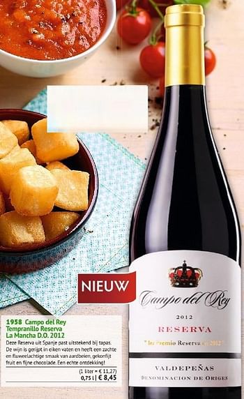 Promoties Campo del rey tempranillo reserva la mancha d.o.2012 - Rode wijnen - Geldig van 05/07/2016 tot 02/09/2016 bij Bofrost