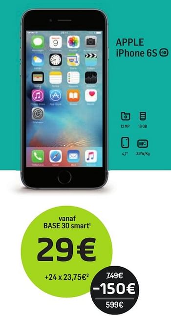 Promoties Apple iphone 6s - Apple - Geldig van 01/09/2017 tot 01/10/2017 bij Base