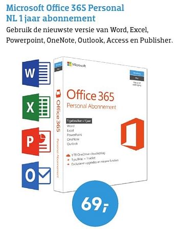 Promoties Microsoft office 365 personal nl 1 jaar abonnement - Microsoft - Geldig van 01/08/2016 tot 31/08/2016 bij Coolblue