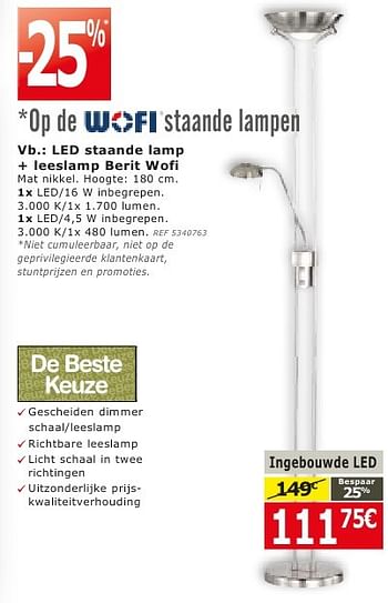 Promoties Led staande lamp + leeslamp berit wofi - Wofi - Geldig van 09/08/2016 tot 22/08/2016 bij BricoPlanit