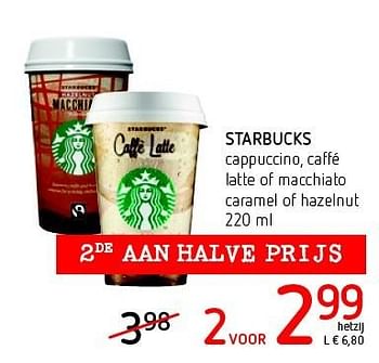 Promoties Starbucks cappuccino, caffé latte of macchiato caramel of hazelnut - Starbucks - Geldig van 11/08/2016 tot 24/08/2016 bij Eurospar (Colruytgroup)