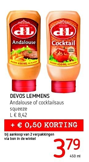 Promoties Devos lemmens andalouse of cocktailsaus squeeze - Devos Lemmens - Geldig van 11/08/2016 tot 24/08/2016 bij Eurospar (Colruytgroup)