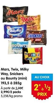 Promotions Mars, twix, milky way, snickers ou bounty(mini) - Mars Snacks - Valide de 18/08/2016 à 24/08/2016 chez Red Market