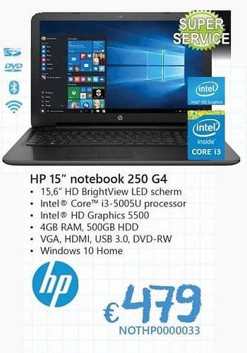 Promoties Hp notebook 250 g4 - HP - Geldig van 19/08/2016 tot 30/09/2016 bij Compudeals