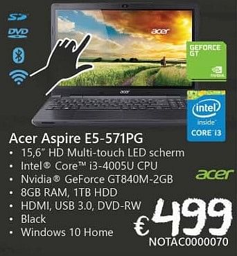 Promoties Acer aspire e5-571pg - Acer - Geldig van 19/08/2016 tot 30/09/2016 bij Compudeals