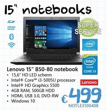 Promoties Lenovo b50-80 notebook - Lenovo - Geldig van 19/08/2016 tot 30/09/2016 bij Compudeals
