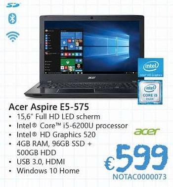 Promoties Acer aspire e5-575 - Acer - Geldig van 19/08/2016 tot 30/09/2016 bij Compudeals