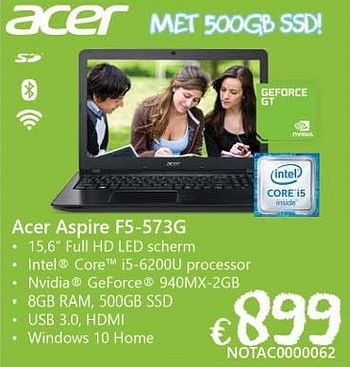 Promoties Acer aspire f5-573g - Acer - Geldig van 19/08/2016 tot 30/09/2016 bij Compudeals