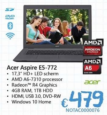 Promoties Acer aspire e5-772 - Acer - Geldig van 19/08/2016 tot 30/09/2016 bij Compudeals