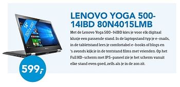 Promoties Lenovo laptop yoga 500- 14ibd 80n4015lmb - Lenovo - Geldig van 01/09/2016 tot 30/09/2016 bij Coolblue