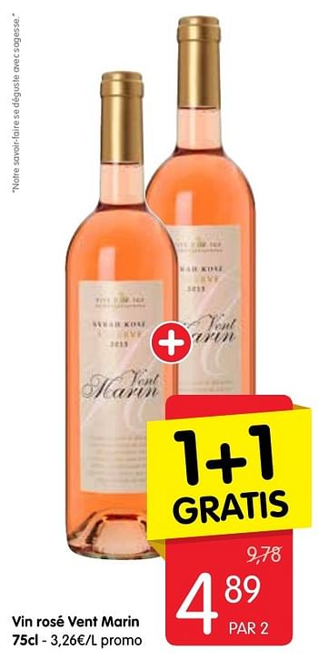 Promotions Vin rosé vent marin - Vins rosé - Valide de 15/09/2016 à 21/09/2016 chez Red Market