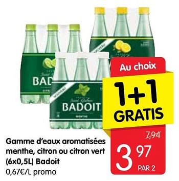 Promotions Gamme d`eaux aromatisées menthe, citron ou citron vert badoit - Badoit - Valide de 15/09/2016 à 21/09/2016 chez Red Market
